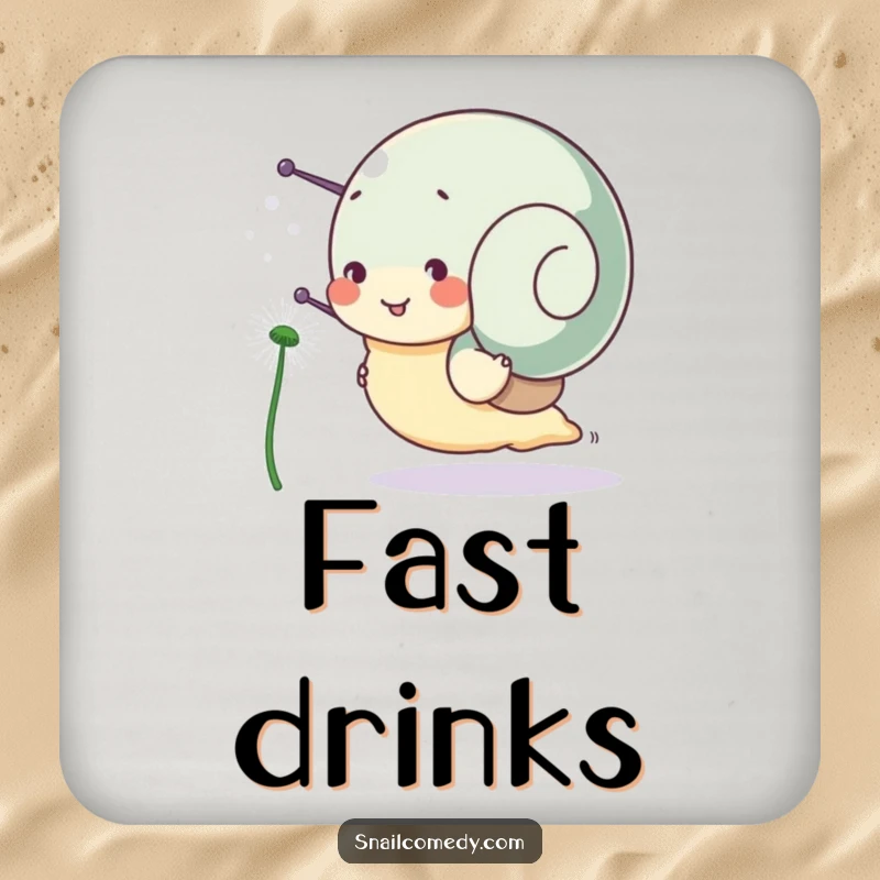 Funny snail coaster, a snail character happily races a dandelion seed, protecting surfaces with a smile.