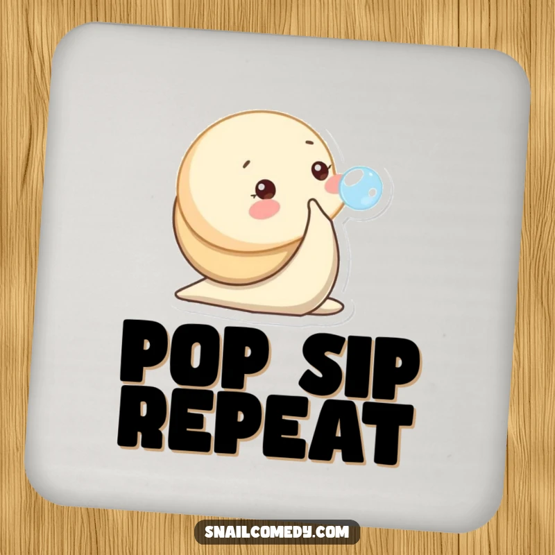Funny drink coaster with a baby snail character playfully blowing a tiny bubble.