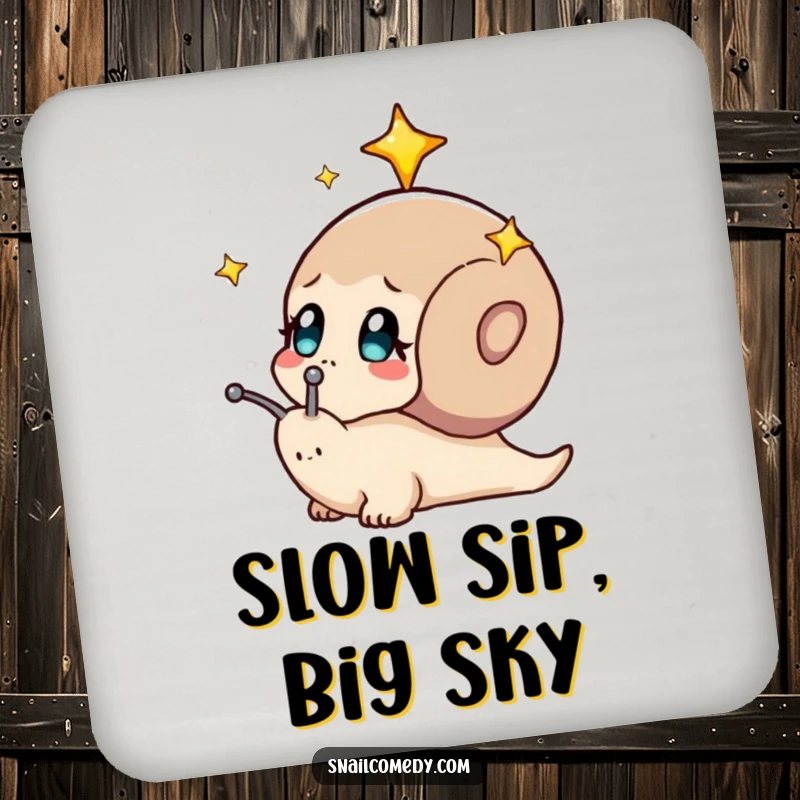 Funny drink coaster depicting a snail looking curiously at a starry sky. A whimsical surface protector.