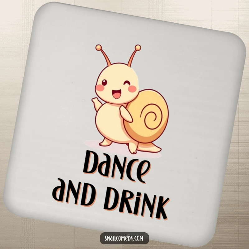 Funny snail coaster with a joyful snail dancing a jig and wiggling its antennae, adding fun protection.