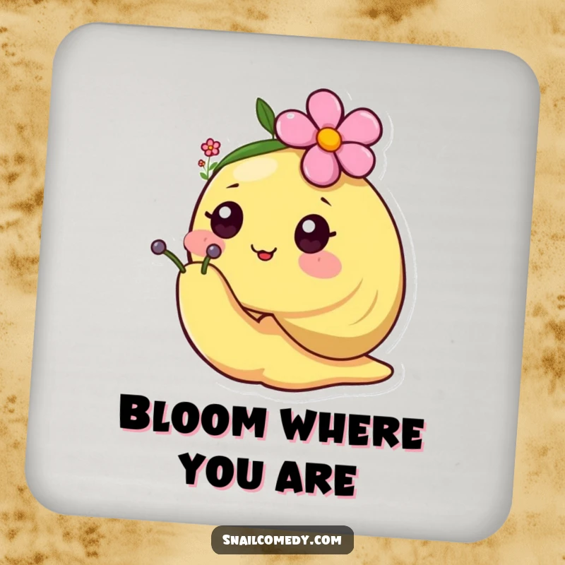 Happy kawaii snail wearing a tiny flower hat on a drink coaster, adding cheerful protection.