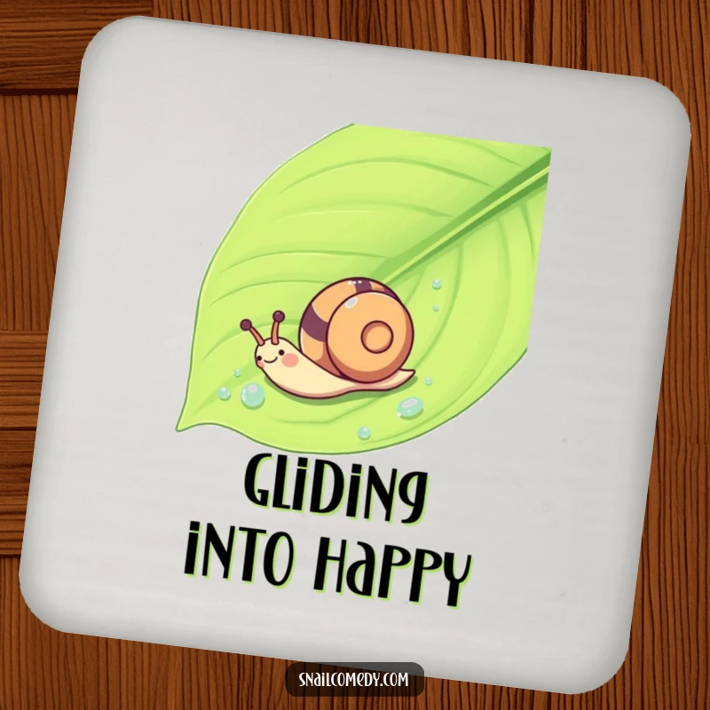 Funny Kawaii snail on a coaster, sliding down a leaf, offering humorous drink protection.