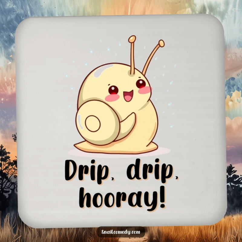 Funny Kawaii Snail Coaster: Gleeful snail showering in tiny sparkling raindrops, protecting surfaces with delightful, happy charm.