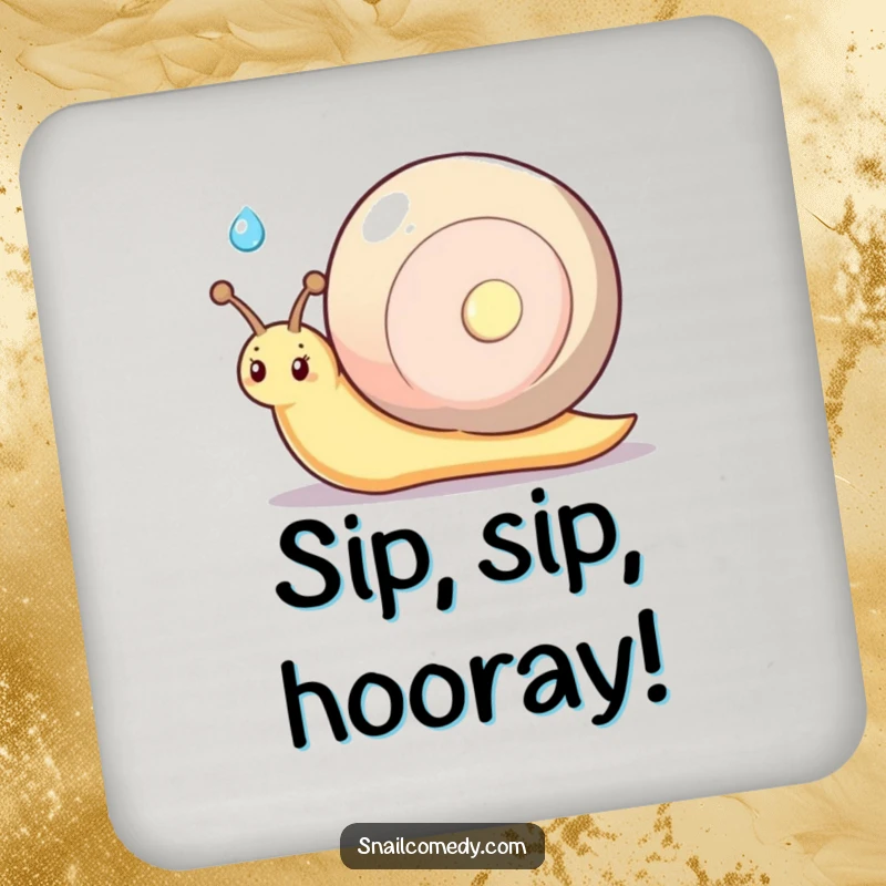 Funny kawaii snail with a shy smile, offering a glistening dewdrop, protective and humorous drink coaster.