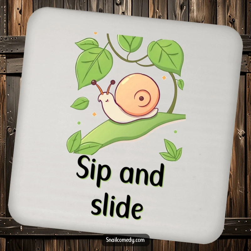 Funny drink coaster featuring a kawaii snail sliding down a leafy slope with an expression of pure glee.