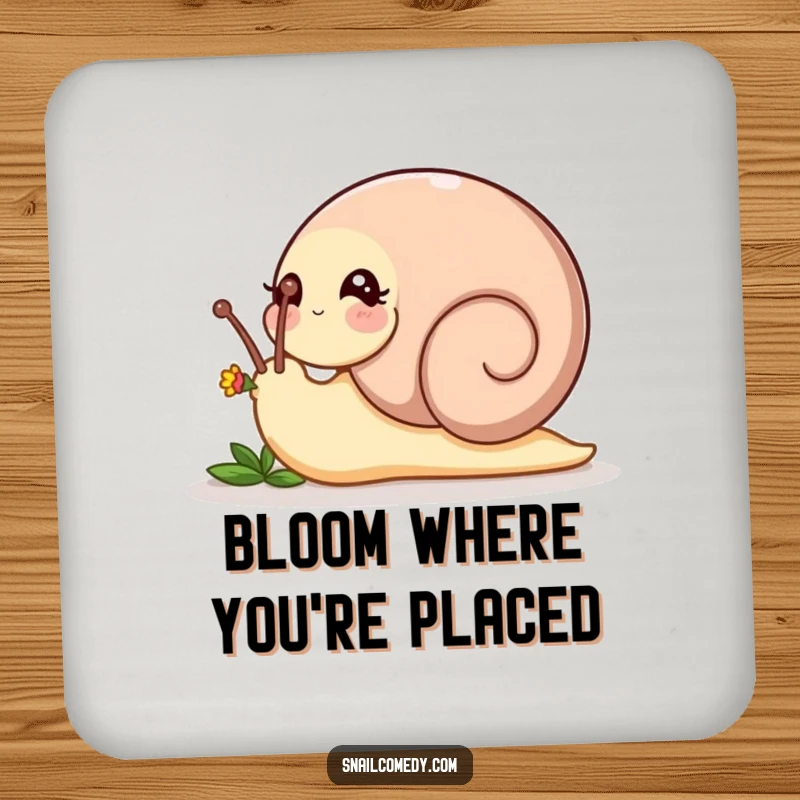 Funny playful snail nudging a tiny flower bud with its head on a protective drink coaster, a delicate funny gift.