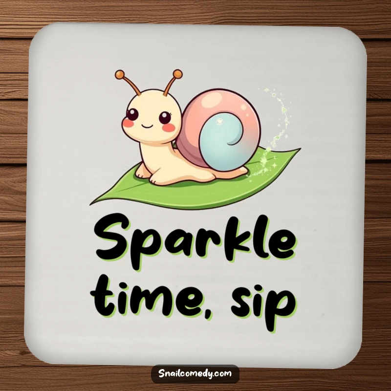 Funny Coasters: Smiling snail leaving a sparkly trail on a leaf, protecting surfaces with adorable snail-themed magic humor.