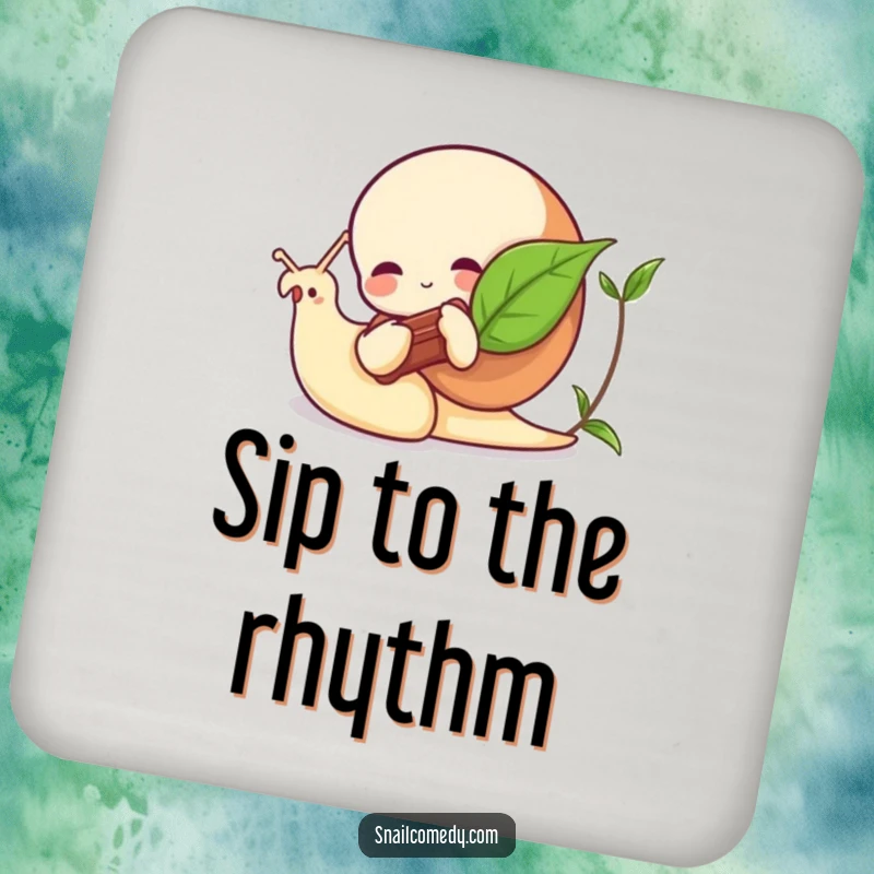 Funny snail coaster featuring a snail playing a leaf instrument, a protective and whimsical addition to any table.