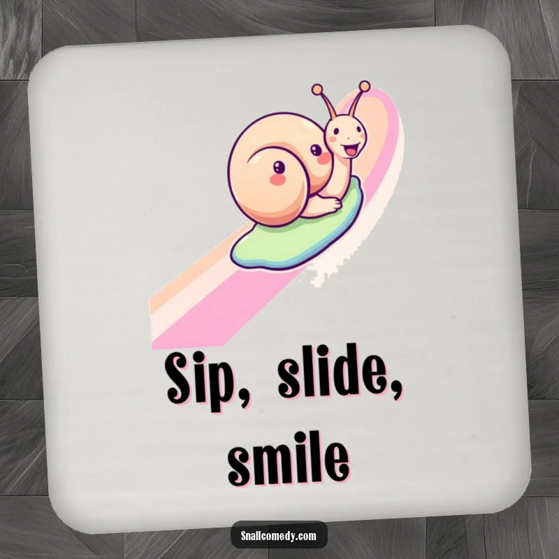 Funny snail drink coasters with a joyful snail on a rainbow design, protecting surfaces with humor and happiness, a great funny gift.