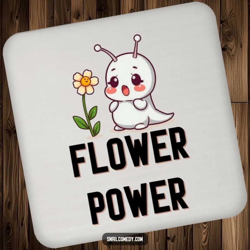 Funny drink coasters featuring a surprised snail and a giggling flower, protecting your furniture with humor.