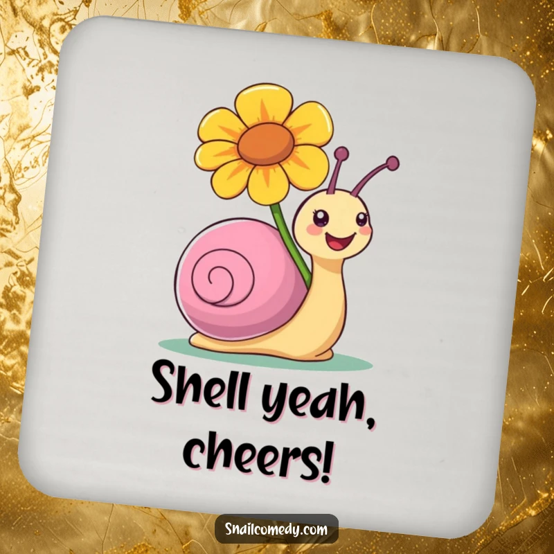 Funny drink coaster with a snail character joyfully carrying a large, colorful flower.