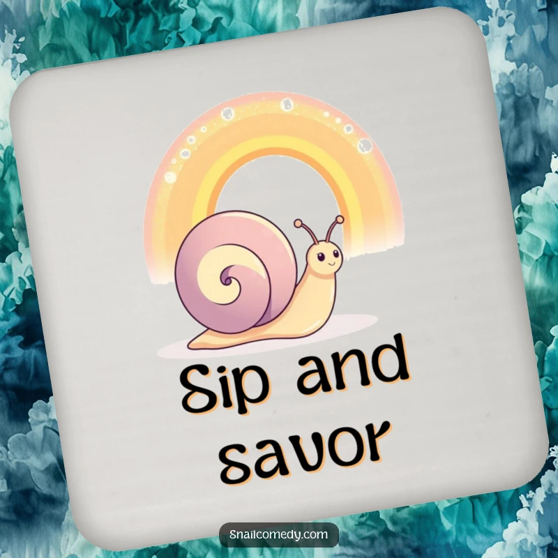 Funny happy snail character admiring an oversized, shimmering rainbow, protective drink coaster, adds colorful charm.