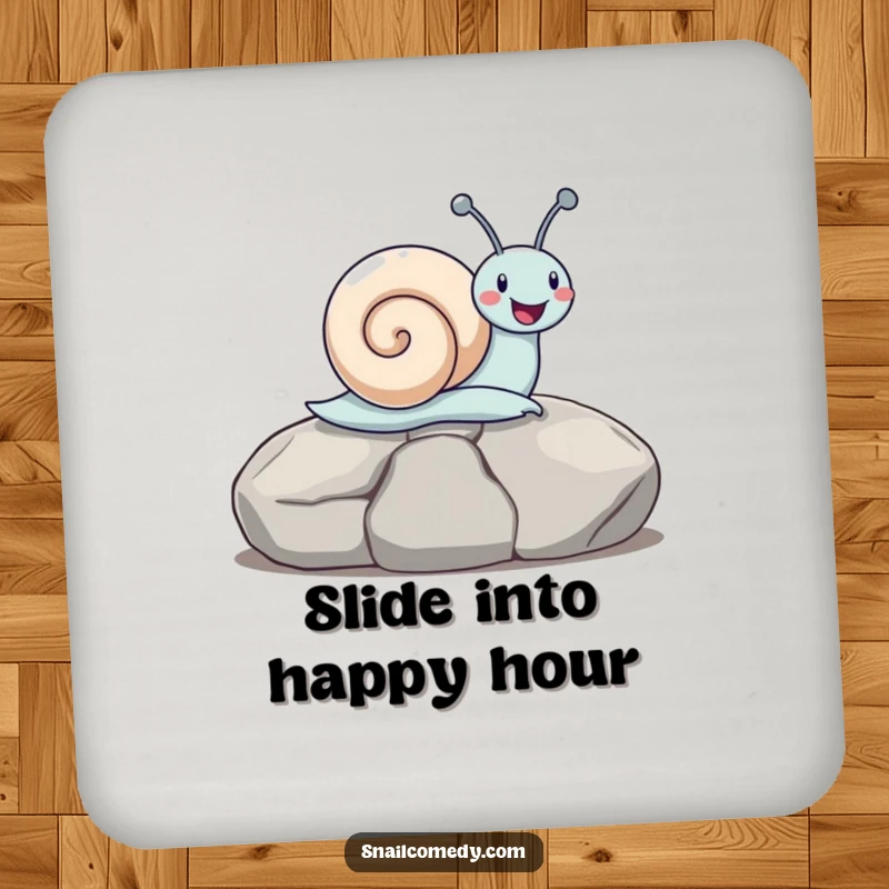 Funny snail sliding down a stone on a protective drink coaster, adding playful humor and charm, a perfect funny gift.
