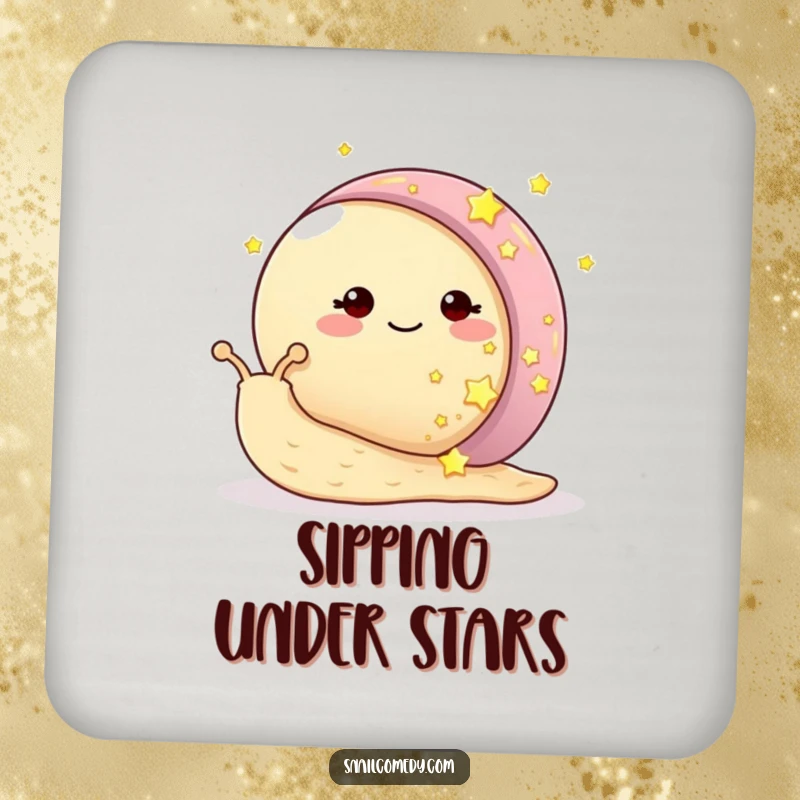 Funny snail coaster with a smiling snail adorning its shell with tiny, glowing stars, adding magical protection.