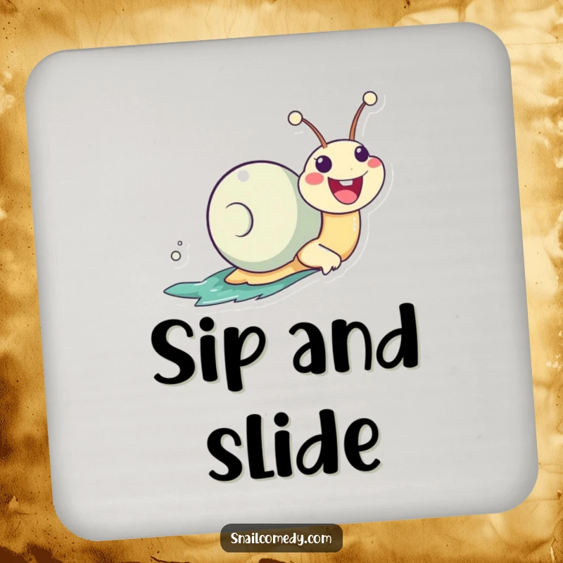 Funny Zooming Kawaii Snail Coaster, enthusiastically zooming with a huge smile, offering humorous and playful protection for surfaces.
