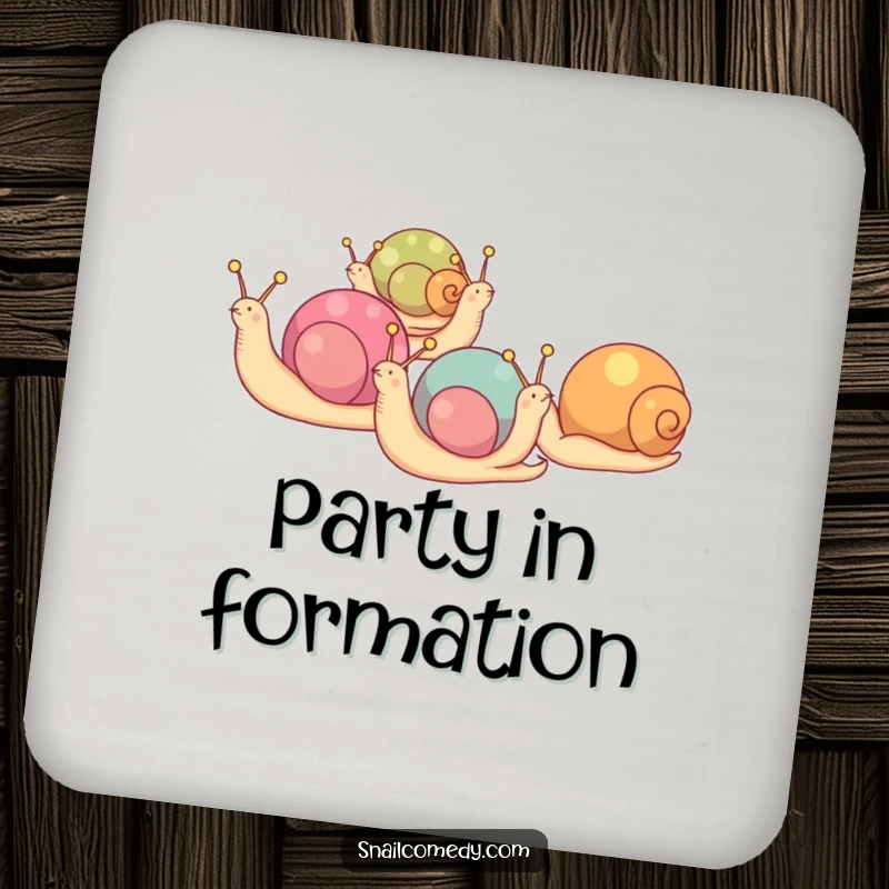 Funny drink coaster with snails having colorful shells, marching in a line, a colorful table accent.