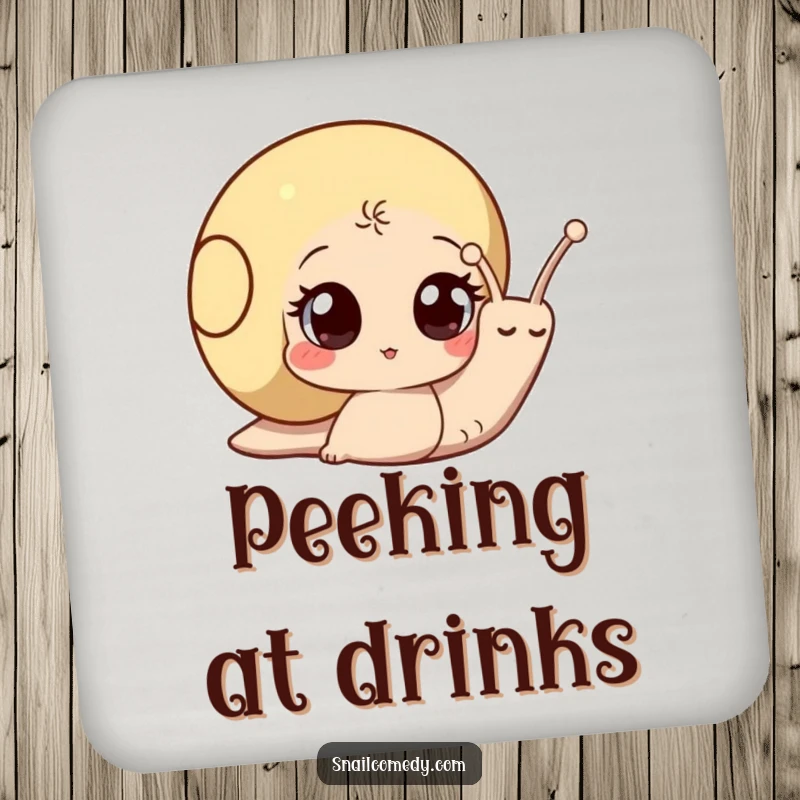 Funny snail coaster with a curious snail peeking out from its shell, adding a whimsical and protective touch.