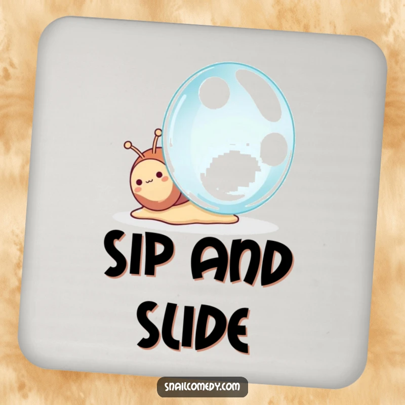 Funny Kawaii Snail Coaster, a charming snail looking with wonder at a giant dewdrop, protects surfaces with style.