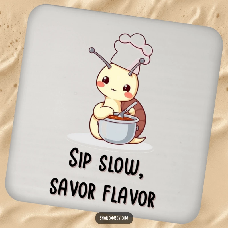 Funny snail chef stirring soup on a protective drink coaster, adding kitchen humor and style, a perfect funny gift.