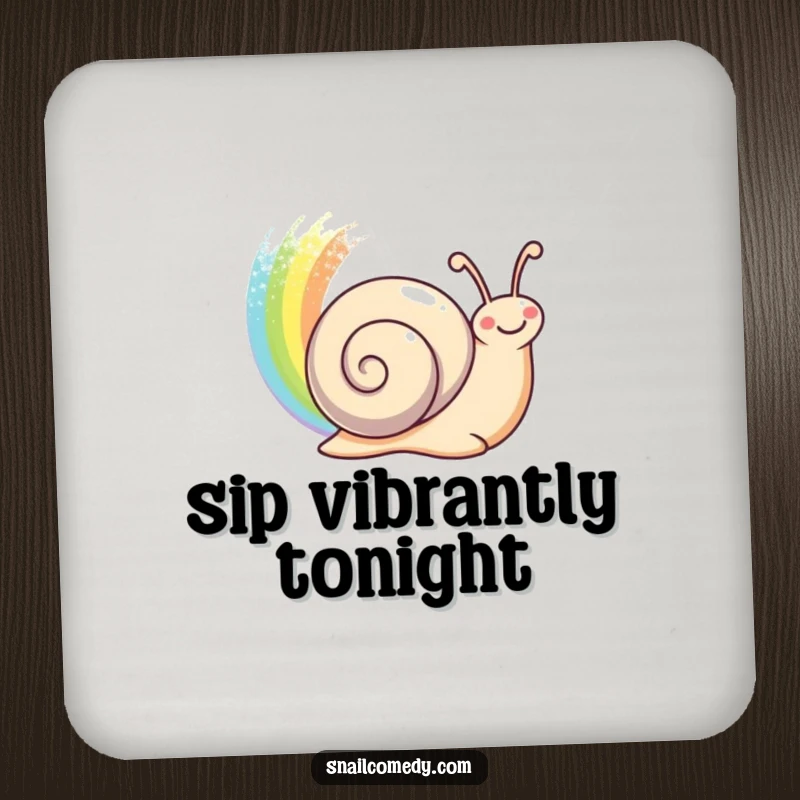 Funny happy snail leaving a shimmering rainbow trail behind on a protective drink coaster, a colorful funny gift.
