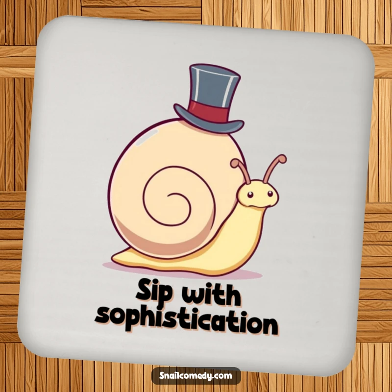 Funny Coasters: Kawaii snail wearing a top hat, peeking out, protecting surfaces with adorable snail-themed dapper humor.