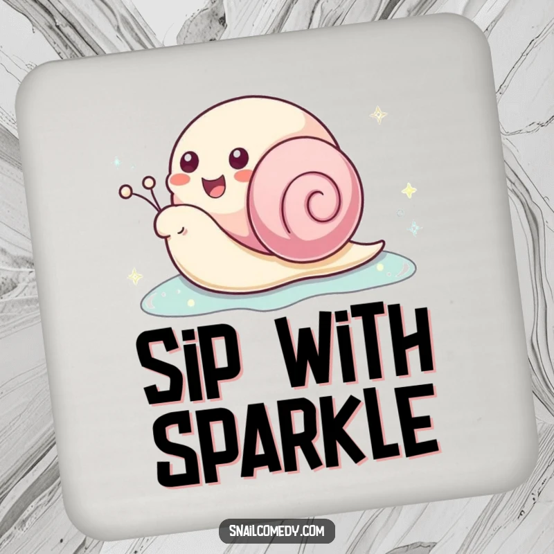 Funny kawaii snail coaster featuring a joyful snail leaving a sparkling slime trail, adding whimsical humor to any table.