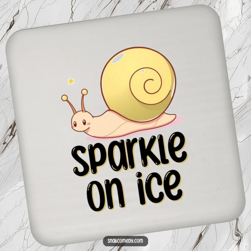Funny snail coaster, a snail character joyfully leaves a shimmering trail, protecting surfaces with sparkle.