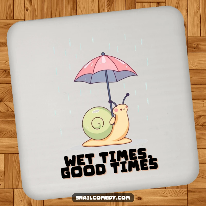 Funny snail character with a tiny umbrella on a protective drink coaster, adding a humorous and charming element, a perfect funny gift.