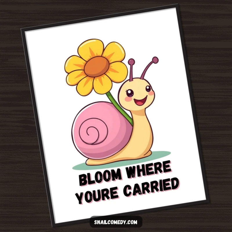 Funny poster depicting a snail character joyfully carrying a large, colorful flower, bringing cheerful vibes.