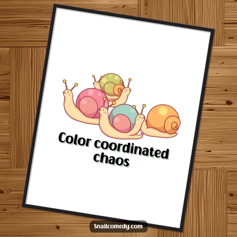 Funny poster of snails with colorful shells marching in a line, a vibrant and whimsical procession.