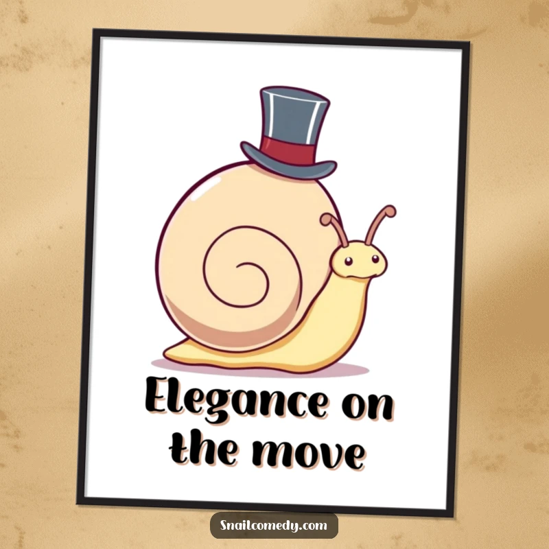 Funny Poster: Kawaii snail wearing a top hat, peeking out, adding a touch of dapper humor and sophistication to wall art.