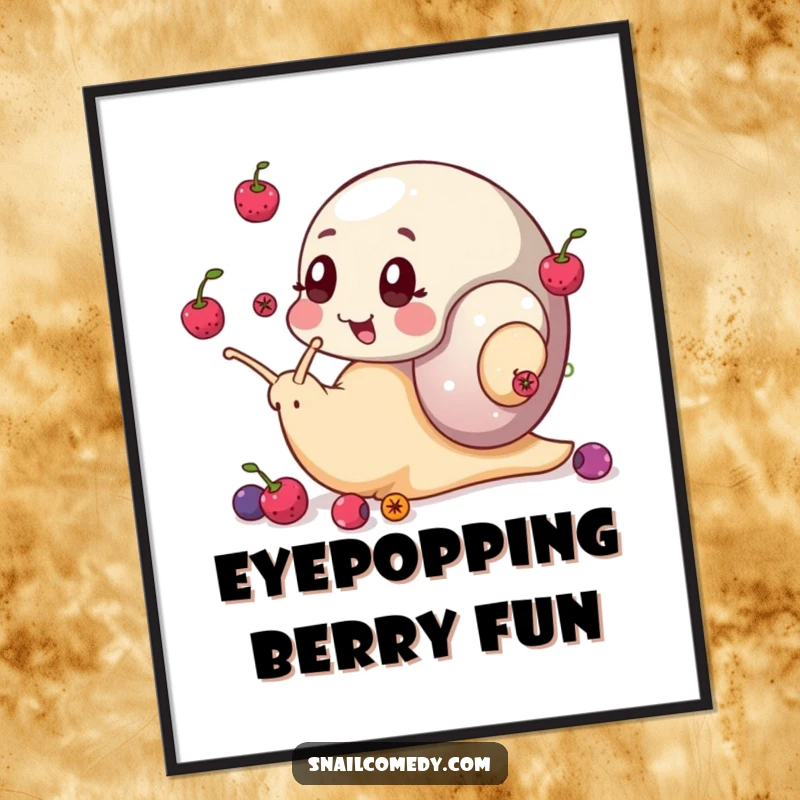 Funny snail poster showcasing a snail juggling berries with its eye stalks, whimsical and impressive wall art.