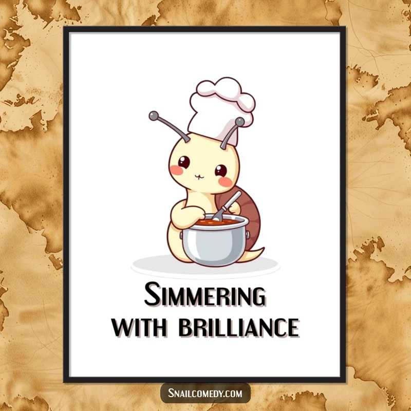 Funny snail chef stirring a tiny soup pot, displayed as kitchen wall art, a humorous and charming piece, perfect funny gift.