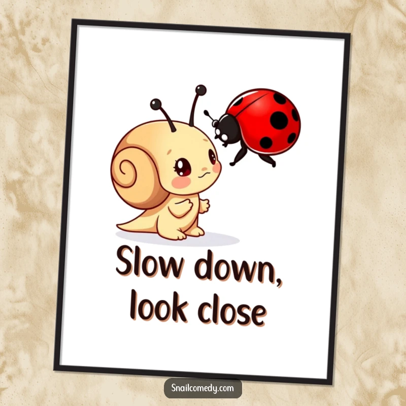 Funny poster art featuring a curious snail character examining a vibrant ladybug with wonder, celebrating the beauty of nature.