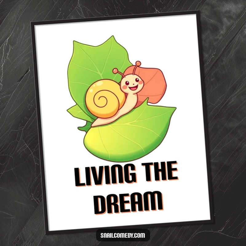 Funny Poster: A happy snail is joyfully riding on a large, colorful leaf, creating a whimsical and serene piece of art.