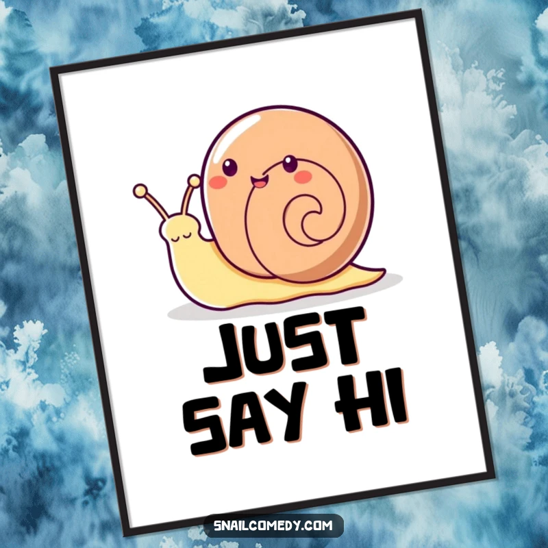 Funny Kawaii snail enthusiastically waving hello with its antennae, presented as wall art.