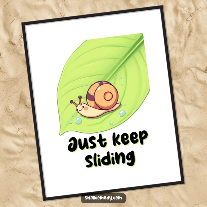 Funny Kawaii snail captured in a joyful whoosh down a slippery leaf, perfect wall art.