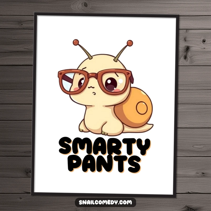 Funny wall art poster of a kawaii snail wearing oversized glasses and looking comically surprised.