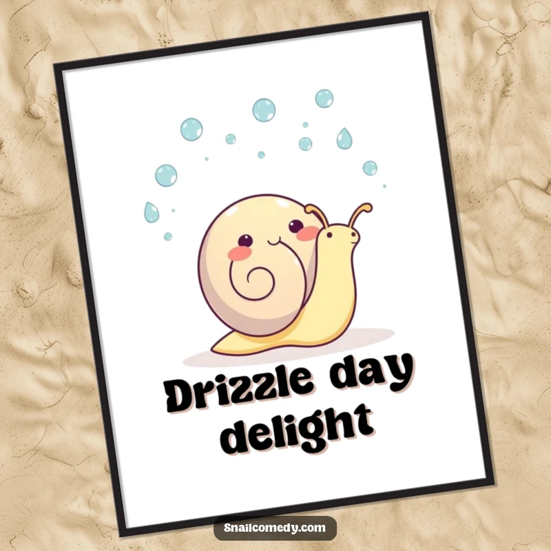 Funny kawaii snail poster, a happy snail skillfully juggling raindrops, bringing joy to any room.