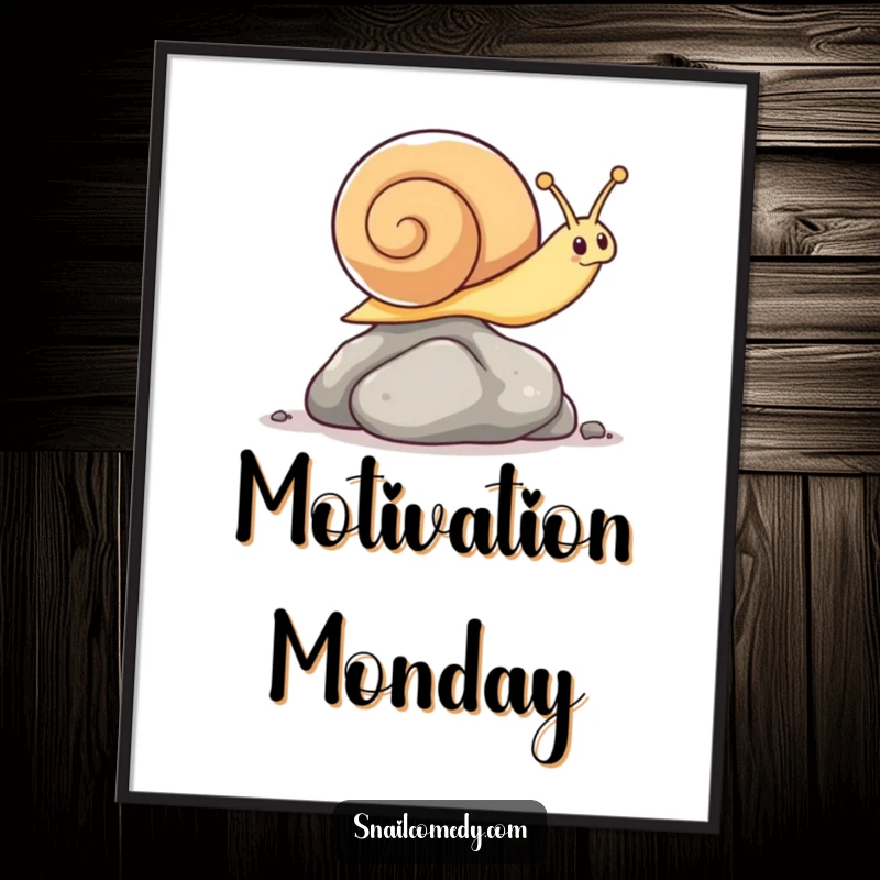 Funny wall art poster featuring a kawaii snail with great agility, mid-leap over a tiny pebble.