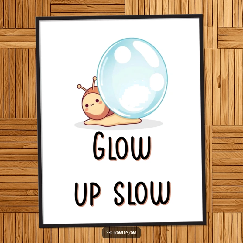 Funny Kawaii Snail Poster, a charming snail looking with awe at a giant dewdrop, beautiful wall art for home decor.