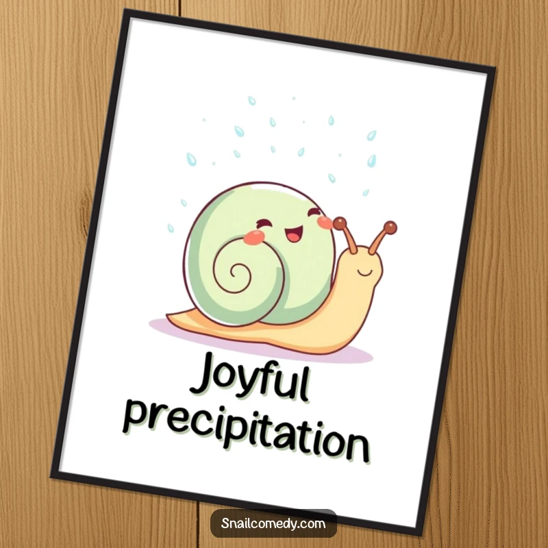 Funny Kawaii Snail Poster: Happy snail showering in sparkling raindrops, vibrant art, perfect funny gift.