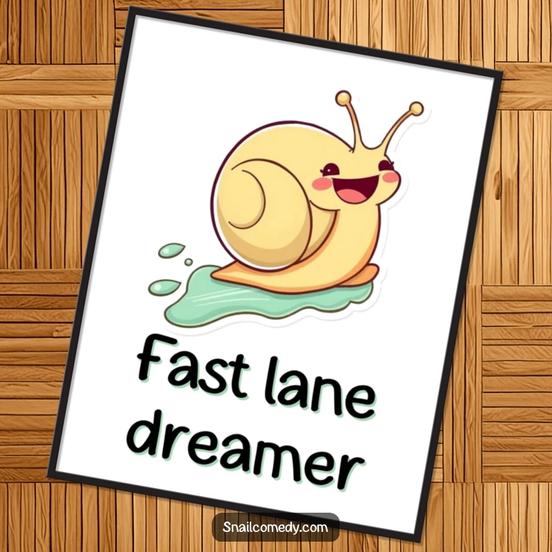Funny Kawaii Snail Poster: Cute snail zooming fast with a big smile, vibrant art, perfect funny gift.