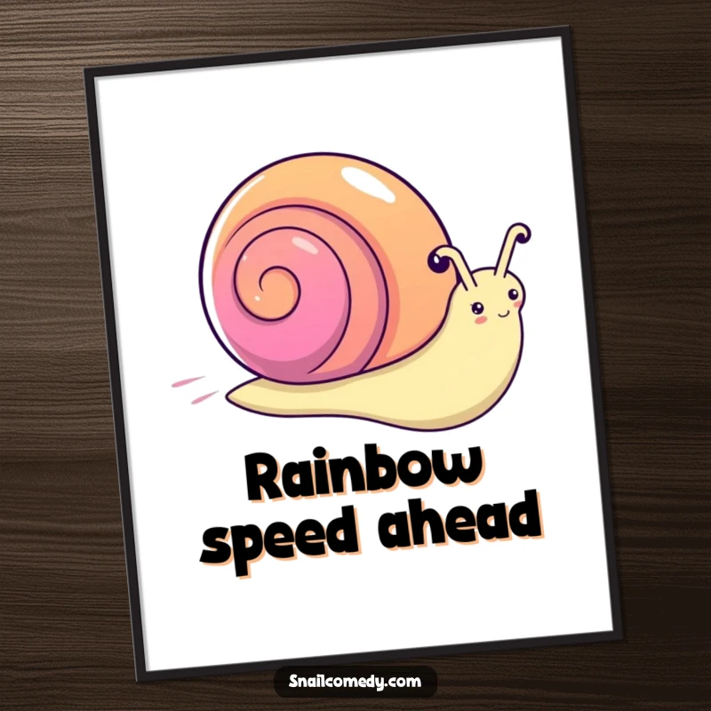 Funny kawaii snail poster, depicting a snail with a vibrant rainbow shell, moving at surprising speed.