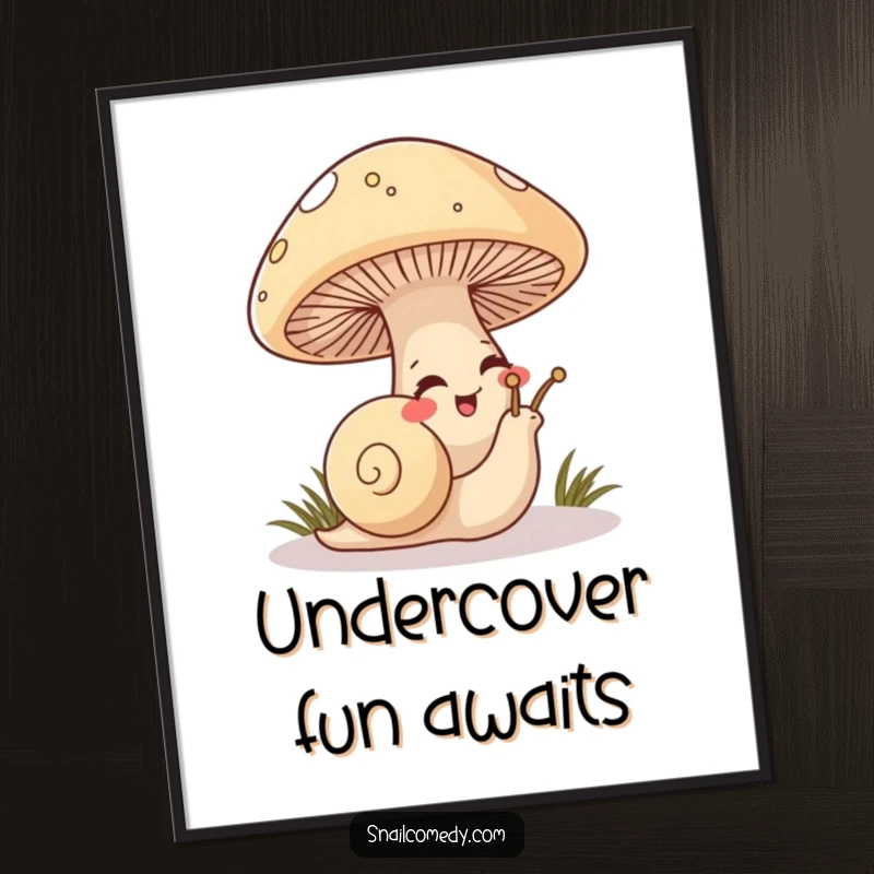 Funny Snail Poster depicting a mischievous snail peeking from under a mushroom, giggling with a playful expression.