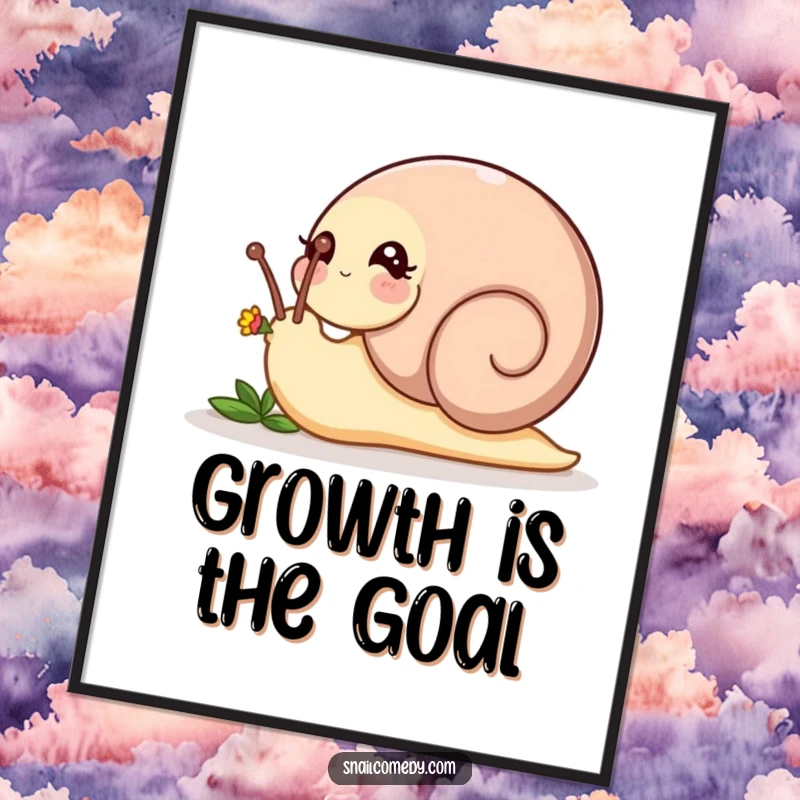 Funny playful snail nudging a tiny flower bud with its head on a decorative poster, a gentle funny gift.