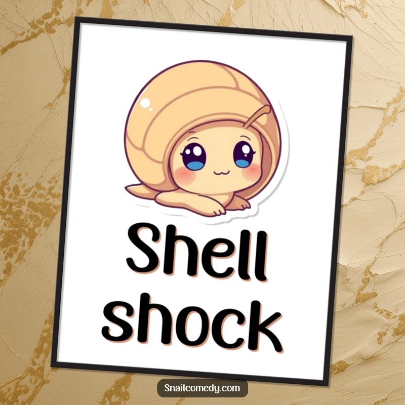 Funny Kawaii Snail Poster, playfully peeking from its shell with wide, curious eyes, adding cheerful and humorous artistic flair.