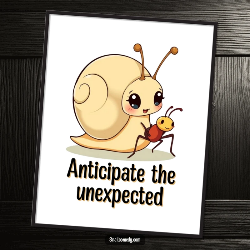 Funny poster illustrating a surprised snail character looking at a friendly ant, capturing a moment of cute, humorous interaction.
