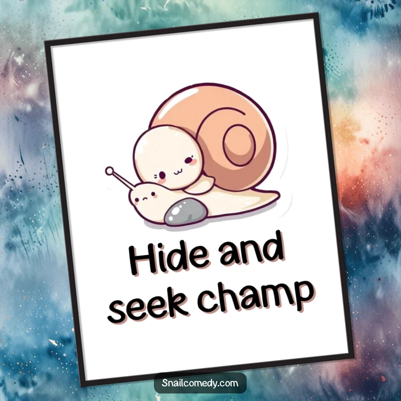 Funny poster illustrating a shy snail character peeking from behind a pebble, evoking a sense of playful mystery and charm.