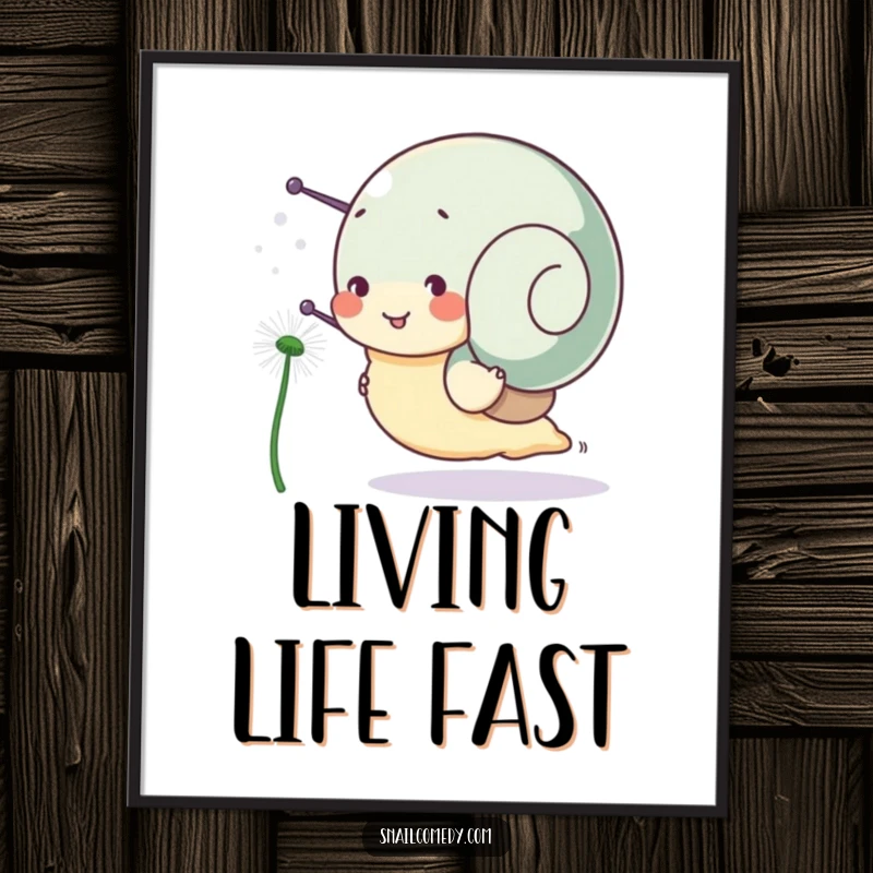 Funny snail poster, a snail character joyfully races a dandelion seed, creating a sense of playful movement and happiness.